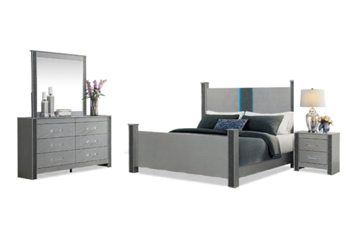 Conjunto de muebles de dormitorio grises con cama, gavetero y mesa de noche sobre un fondo blanco.