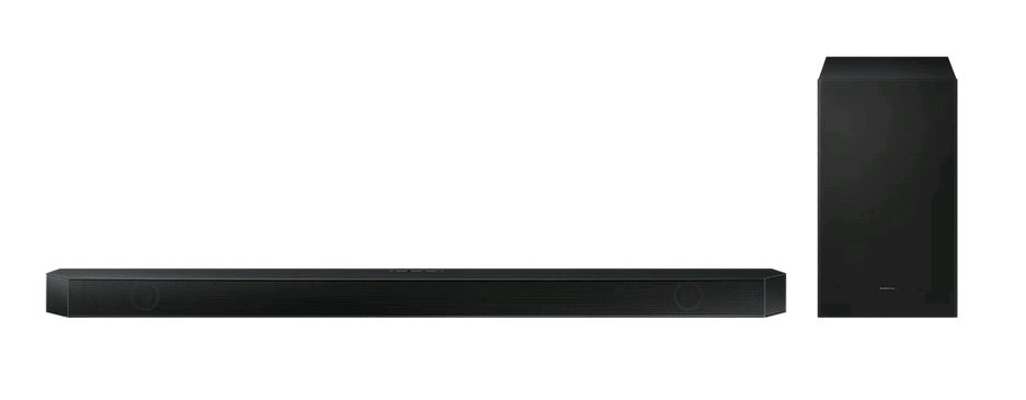 Barra de sonido negro con subwoofer sobre un fondo blanco. 