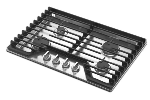 Cocina a gas Whirlpool con cuatro quemadores sobre fondo blanco.