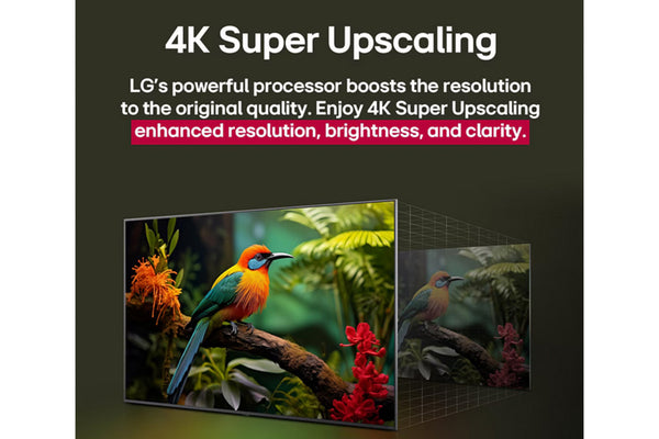 Publicidad de la tecnología Super Upscaling 4K con un pájaro en una rama mostrado en una pantalla.