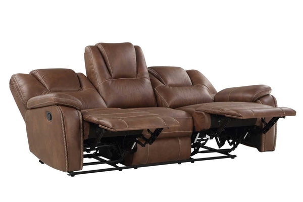 Conjunto de sofá reclinable de cuero marrón sobre fondo blanco.