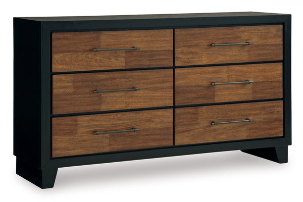 Gavetero con seis gavetas de madera y marco de color negro sobre fondo blanco.