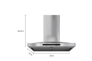 Campana extractora KitchenAid de pared en acero inoxidable con diseño tipo chimenea y panel de control electrónico. La imagen muestra sus dimensiones: 36 pulgadas de ancho, 27 pulgadas de profundidad y 32.5 pulgadas de alto.