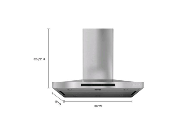 Campana extractora KitchenAid de pared en acero inoxidable con diseño tipo chimenea y panel de control electrónico. La imagen muestra sus dimensiones: 36 pulgadas de ancho, 27 pulgadas de profundidad y 32.5 pulgadas de alto.