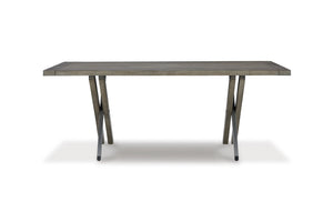 Mesa rectangular con tablero de madera y patas de metal sobre fondo blanco.