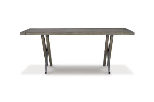 Mesa rectangular con tablero de madera y patas de metal sobre fondo blanco.