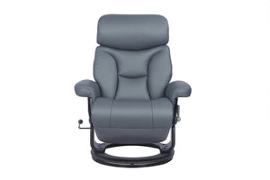 Sillón reclinable moderno tapizado en gris con base circular negra, visto de frente sobre un fondo blanco liso.