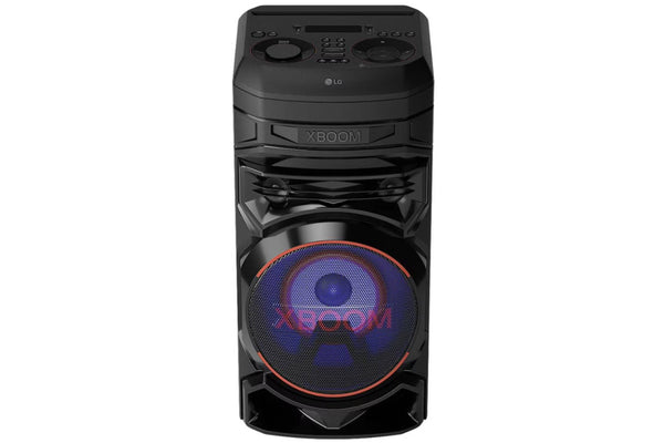 Altavoz LG XBOOM negro con iluminación violeta vibrante sobre fondo blanco