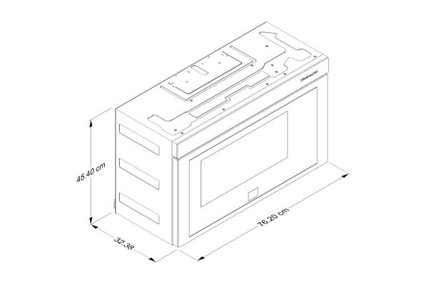 Un dibujo lineal en blanco y negro que muestra las dimensiones de un horno empotrado o una unidad de microondas, con medidas etiquetadas como 45,40 cm de altura, 22.