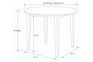 Diagrama de medidas de una mesa redonda con dimensiones etiquetadas.