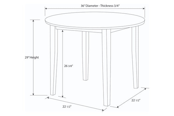 Diagrama de medidas de una mesa redonda con dimensiones etiquetadas.