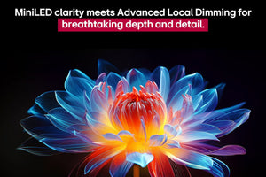 Objeto colorido similar a una flor con texto sobre la claridad del MiniLED y la atenuación local avanzada sobre un fondo negro.