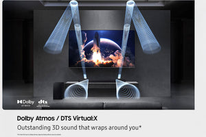 Sistema de cine en casa con tecnología Dolby Atmos y DTS Virtual:X, que muestra una película de temática espacial en una pantalla.