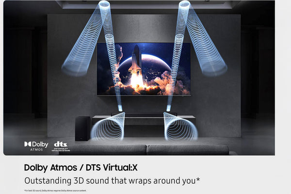 Sistema de cine en casa con tecnología Dolby Atmos y DTS Virtual:X, que muestra una película de temática espacial en una pantalla.