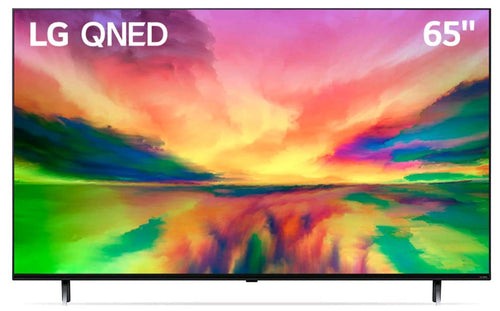 Televisor LG QNED que muestra un paisaje abstracto colorido con '65"' en pantalla.