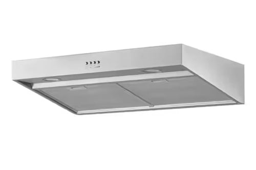 Campana extractora bajo gabinete en acero inoxidable con filtros de aluminio lavables, iluminación integrada y controles frontales. Diseño compacto ideal para eliminar humo, grasa y olores en cocinas residenciales.