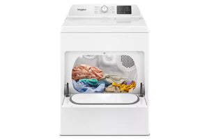 Secadora Whirlpool de carga frontal en color blanco con puerta abierta, mostrando ropa de varios colores en el interior del tambor. Incluye panel de control digital superior con perilla central y diseño moderno para lavandería doméstica.