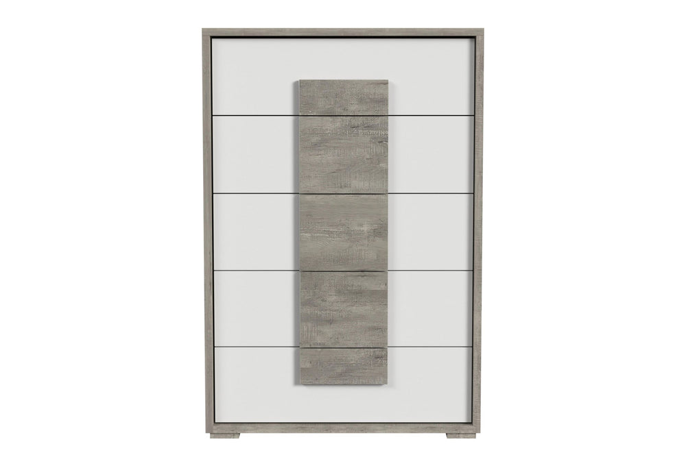 Chest de madera con colores gris claro y blanco y con cinco gavetas sobre un fondo blanco. 