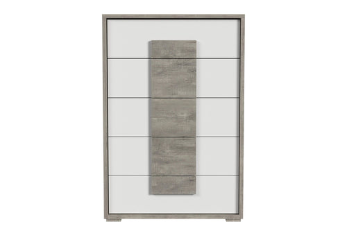Chest de madera con colores gris claro y blanco y con cinco gavetas sobre un fondo blanco. 