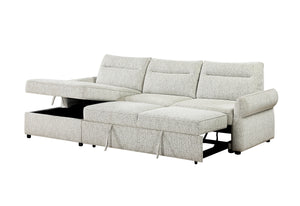 Sofá chaise blanco con almacenamiento abierto de uno de los asientos sobre un fondo blanco. 