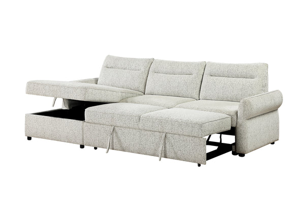 Sofá chaise blanco con almacenamiento abierto de uno de los asientos sobre un fondo blanco. 