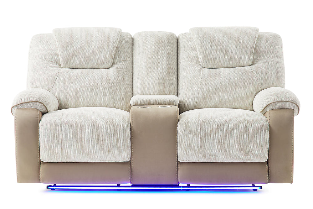 Loveseat reclinable beige con luces LED sobre fondo blanco.