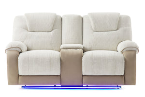 Loveseat reclinable beige con luces LED sobre fondo blanco.