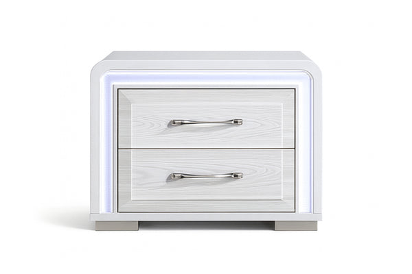 Mesa de noche blanca con dos gavetas y con luces LED sobre un fondo blanco. 