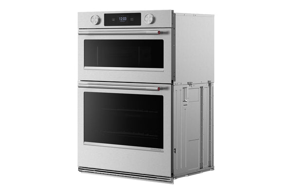 Horno doble empotrado de acero inoxidable con compartimento de almacenamiento lateral integrado, dos puertas de cristal negro y pantalla de control digital en el panel superior.