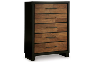 Chest de cinco gavetas hechas de madera marrón enmarcados en negro sobre un fondo blanco. 