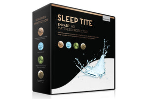 Embalaje del protector de mattress Sleep Tite con gráfico de salpicaduras de agua sobre un fondo blanco.