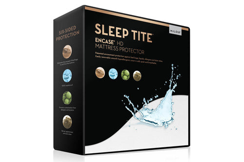 Embalaje del protector de mattress Sleep Tite con gráfico de salpicaduras de agua sobre un fondo blanco.