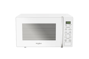 Un horno microondas Whirlpool blanco con una ventana de acero inoxidable en la puerta y un panel de control digital en el lado derecho, mostrado sobre un fondo blanco liso.