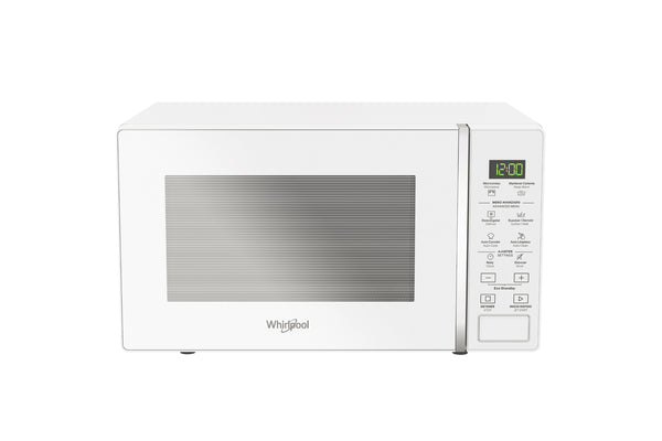 Un horno microondas Whirlpool blanco con una ventana de acero inoxidable en la puerta y un panel de control digital en el lado derecho, mostrado sobre un fondo blanco liso.