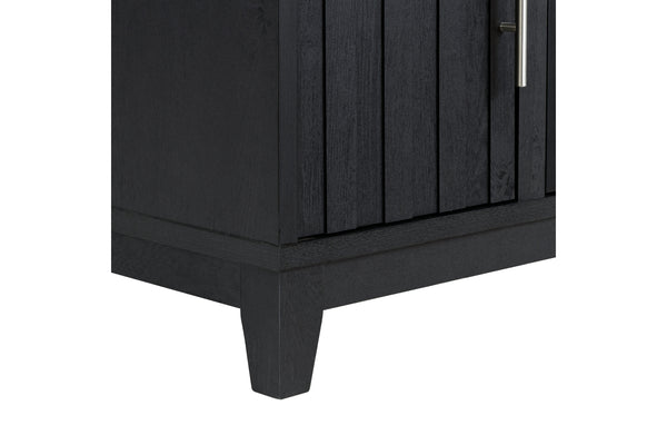 Cabinete de madera negro con una sola puerta sobre fondo blanco.