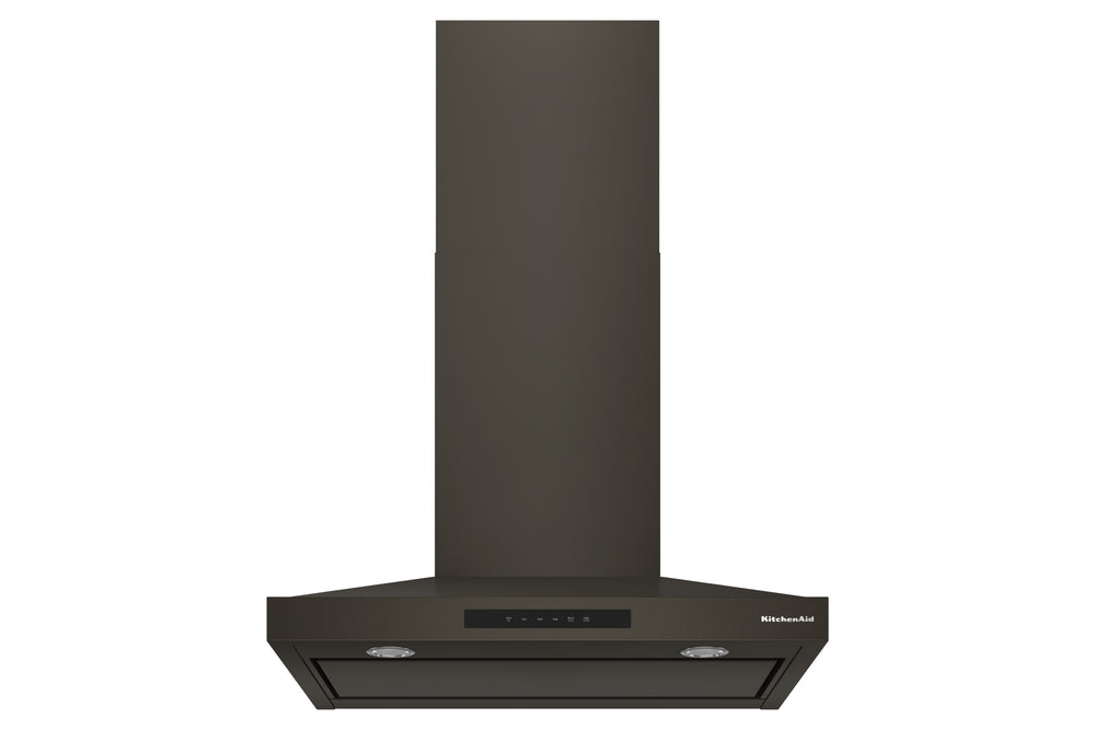 Campana extractora de pared KitchenAid en acabado negro con chimenea vertical, panel de control táctil frontal, dos luces LED integradas y filtro inferior oculto, presentada sobre fondo blanco.