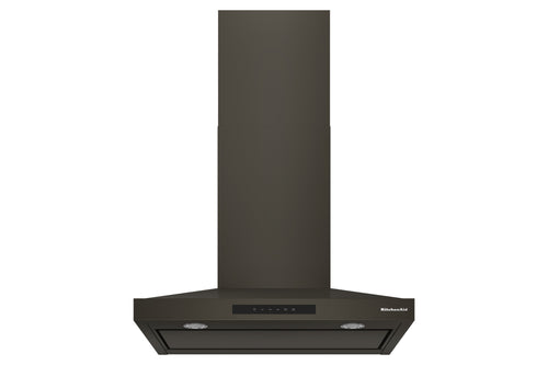 Campana extractora de pared KitchenAid en acabado negro con chimenea vertical, panel de control táctil frontal, dos luces LED integradas y filtro inferior oculto, presentada sobre fondo blanco.