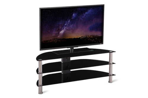 Mueble de televisión de cristal negro con un televisor que muestra una escena espacial sobre un fondo blanco.