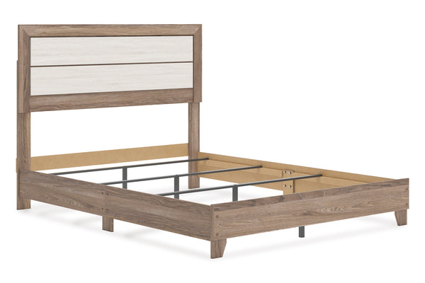 Una estructura de cama moderna con acabado de madera en tono marrón rústico y un panel horizontal de color beige claro en el cabecero, presentada sobre un fondo blanco. Ideal para dormitorios de estilo vanguardista que buscan un toque acogedor.