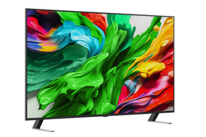 Televisor inteligente que muestra colores vibrantes y abstractos sobre un fondo blanco.