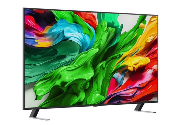 Televisor inteligente que muestra colores vibrantes y abstractos sobre un fondo blanco.