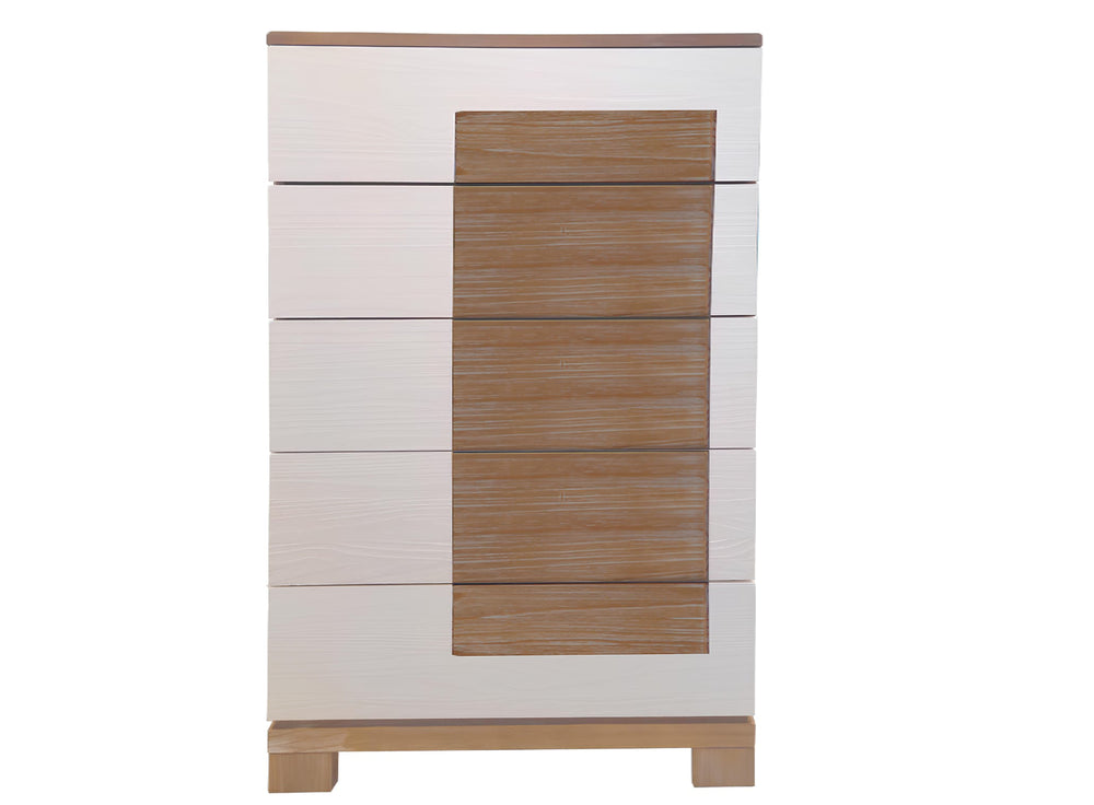 Chest de cinco gavetas en acabado bicolor blanco y madera natural. Presenta diseño contemporáneo con líneas limpias, paneles texturizados y base elevada, ideal para almacenamiento en una habitación modernas. En un fondo blanco.