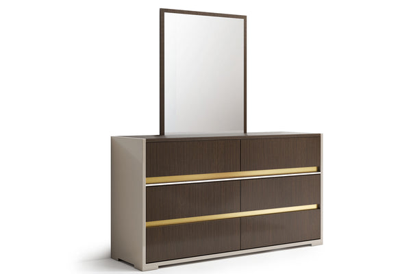 Gavetero marrón oscuro con detalles dorados, con espejo, seis gavetas con luces LED sobre fondo blanco.