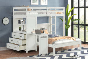 Litera blanca con escritorio y gavetero con elementos decorativos en un entorno de habitación juvenil. 