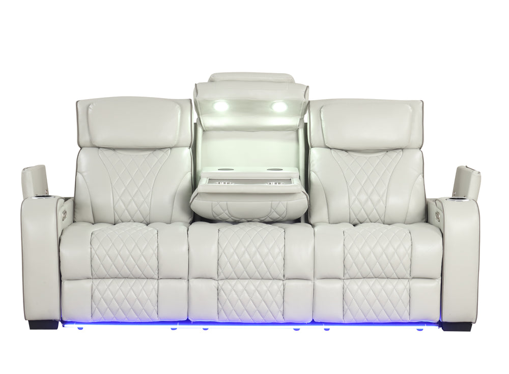 Loveseat reclinable eléctrico de piel sintética blanco con iluminación LED sobre fondo blanco.