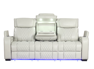 Loveseat reclinable eléctrico de piel sintética blanco con iluminación LED sobre fondo blanco.