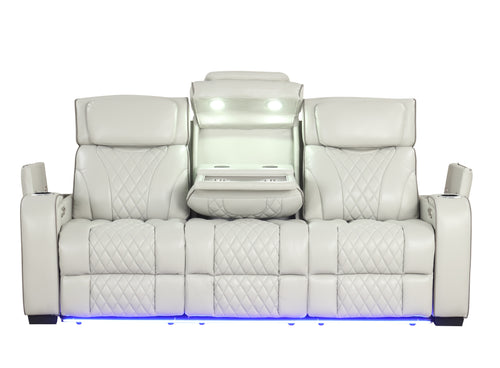 Loveseat reclinable eléctrico de piel sintética blanco con iluminación LED sobre fondo blanco.