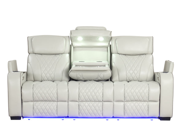 Loveseat reclinable eléctrico de piel sintética blanco con iluminación LED sobre fondo blanco.