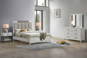 Conjunto de habitación blanca hecha de madera que incluye una cama, un gavetero con espejo y una mesa de noche en una habitación bien iluminada y moderna. 