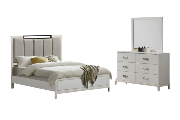 Conjunto de habitación blanca hecha de madera que incluye una cama y un gavetero con espejo sobre un fondo blanco. 